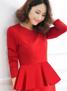 洋气春秋新款圆领打底衫荷叶边下摆修身显瘦收腰上衣纯色新年战袍