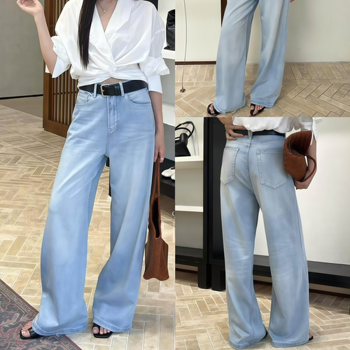 莱赛尔天丝浅蓝高腰垂感牛仔裤女