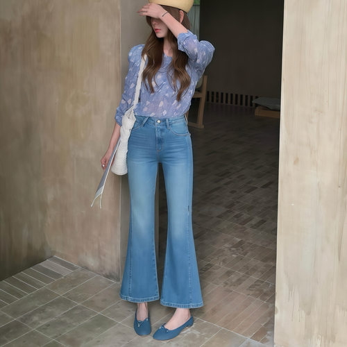 夏季高腰修身女显瘦小个子微喇裤