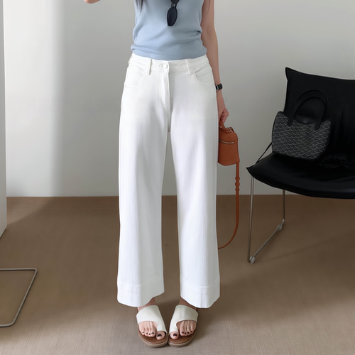 夏季四面弹白色九分直筒裤女