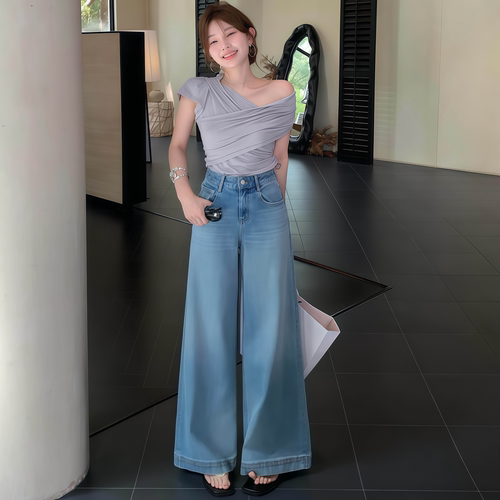 夏季薄款浅蓝阔腿牛仔裤女
