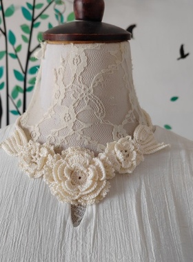 原创新款项链蕾丝线钩针白色复古花朵毛线编织修饰颈链女