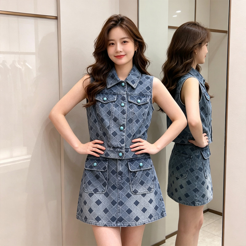 设计感法式高级感格子牛仔套装女