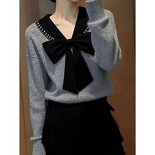 韩系蝴蝶结羊绒针织衫女秋冬时尚气质减龄毛衣温柔风慵懒打底上衣