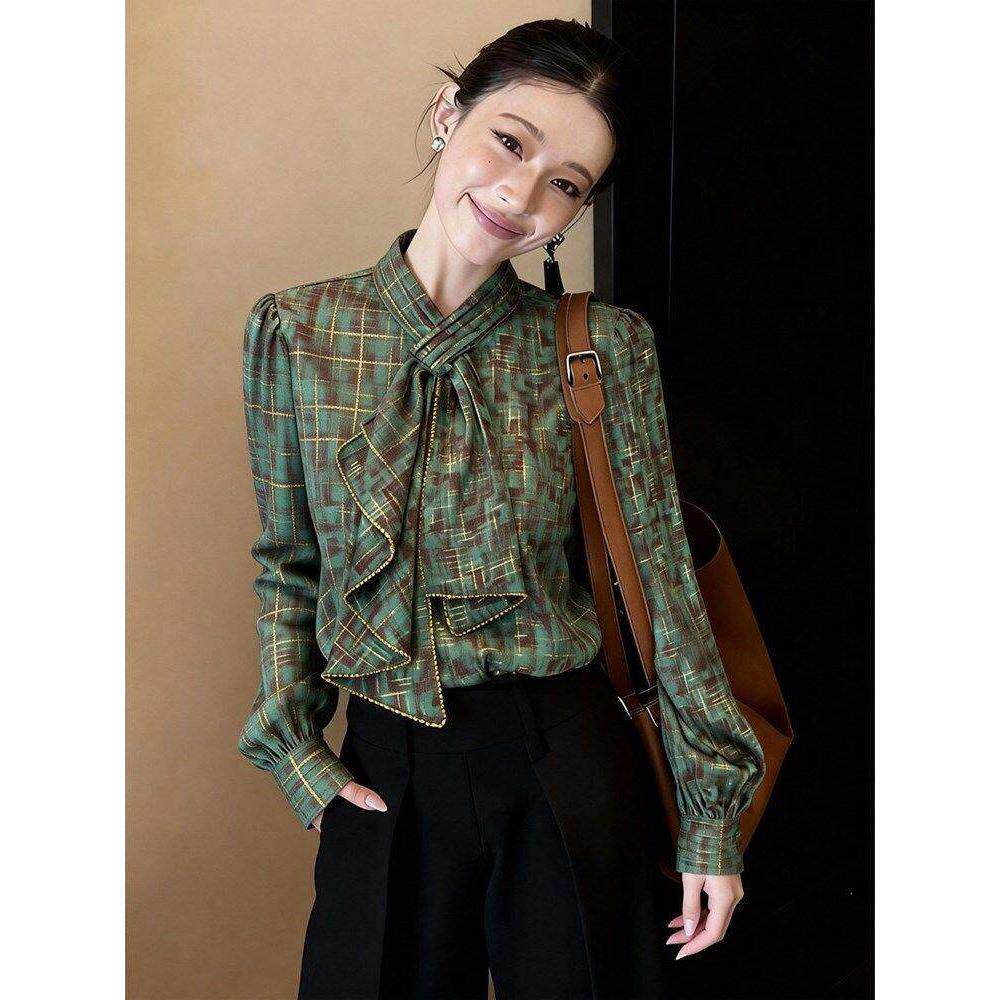 桑蚕丝通勤风绿色格纹飘带衬衫女春季新款长袖轻熟风气质百搭衬衣