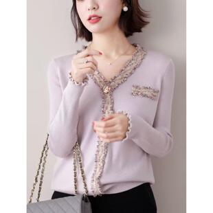 羊绒秋款百搭小香风V领金丝粗花拼接长袖宽松减龄百搭打底羊毛衫