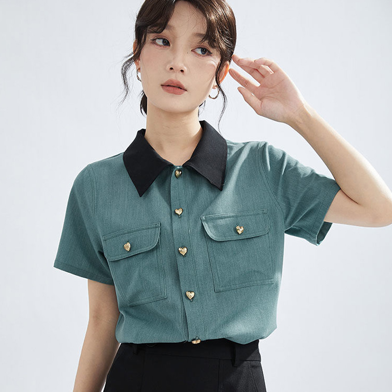 真丝衬衫女夏季洋气翻领桑蚕丝正肩绿色短袖上衣宽松百搭漂亮衬衣