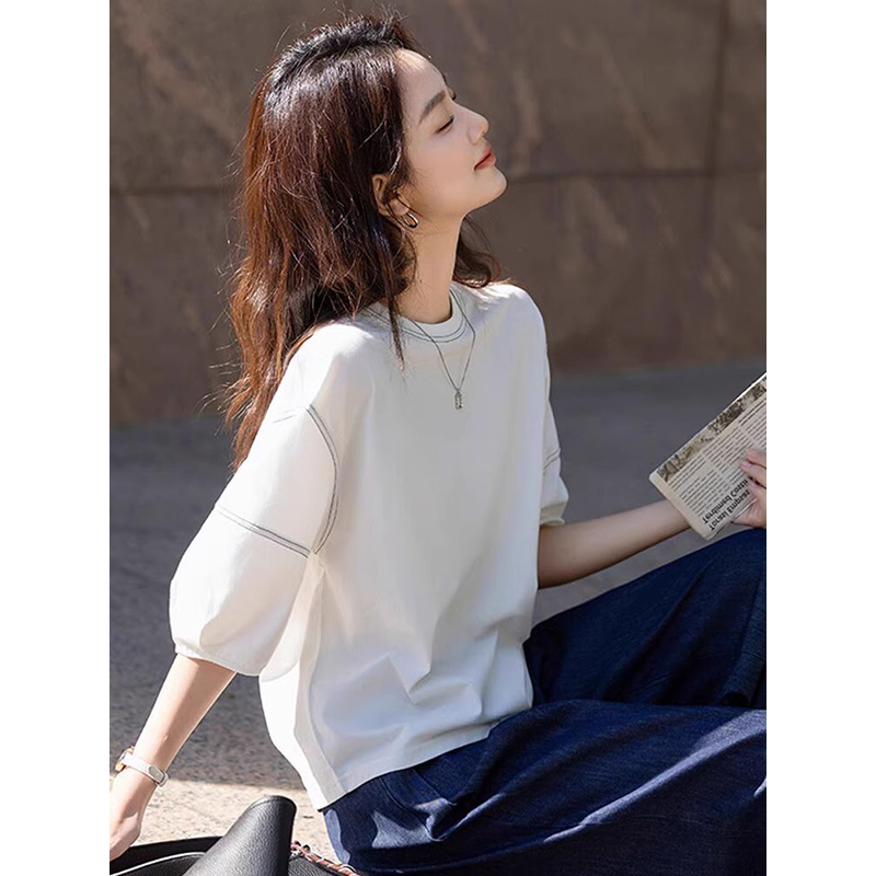 真丝短袖T恤女士夏季新款休闲时尚洋气灯笼袖圆领宽松七分袖上衣