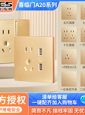 粤奇胜A20插座86型一开五孔家用墙壁暗装16a三孔开关usb插座面板