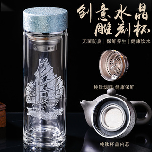 双层纯钛玻璃杯高硼硅带盖男水杯茶水分离耐高温杯子定制礼盒刻字