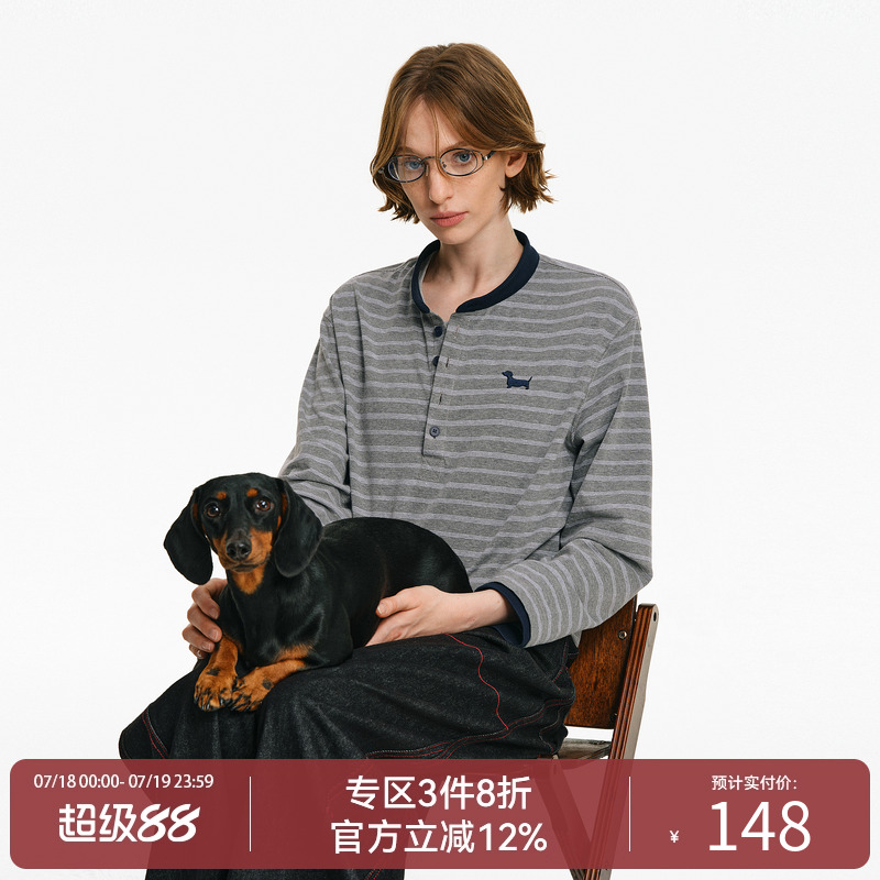 PCLP亨利领条纹长袖 春秋季潮流复古宽松显瘦男女同款t恤上衣