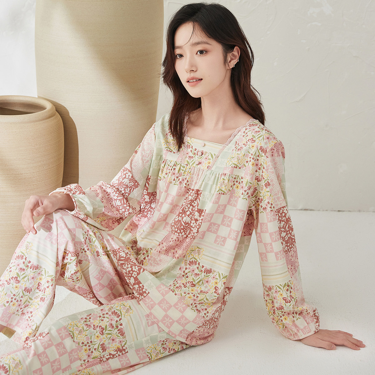 顶呱呱薄款睡衣女款2025新款夏季纯棉长袖长裤圆领家居服女士套装