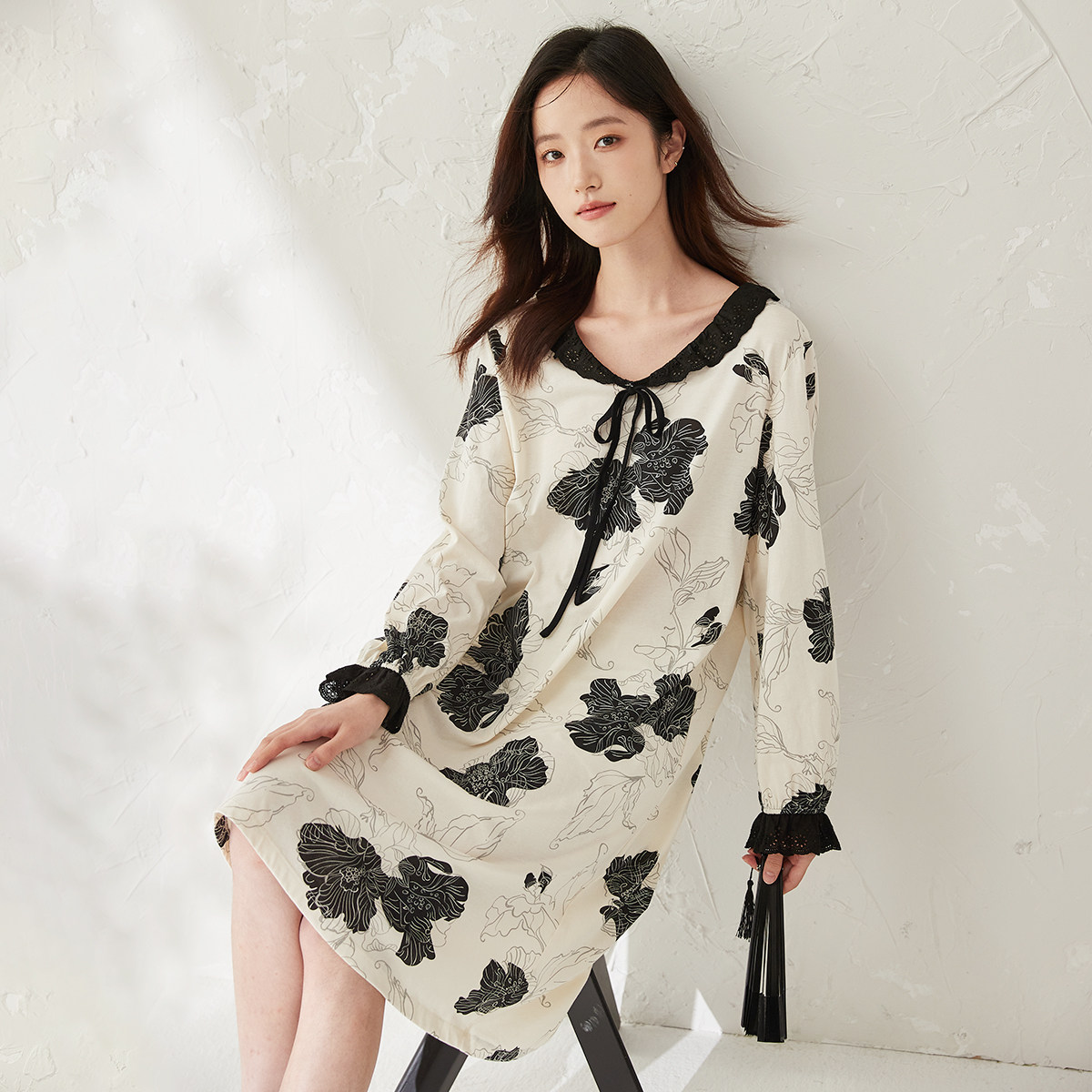 顶瓜瓜睡裙女款纯棉春夏季长袖长款水墨国风新中式家居服可外穿