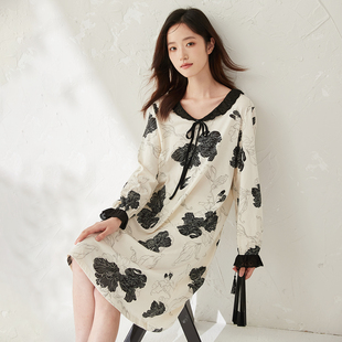 顶瓜瓜睡裙女款纯棉春夏季长袖长款水墨国风新中式家居服可外穿