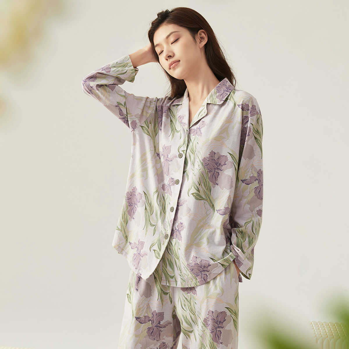 顶瓜瓜女春秋薄款纯棉长袖开衫翻领家居服套装可外穿全棉大码宽松