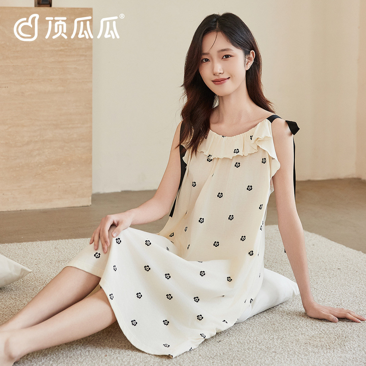 顶瓜瓜女士纯棉圆领波点睡裙