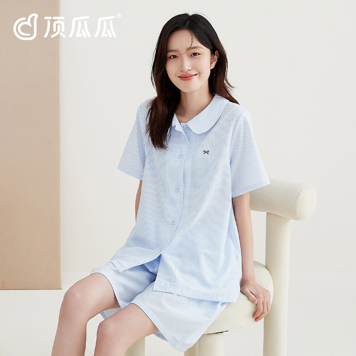 顶瓜瓜睡衣女款纯棉春夏季短袖短裤圆领印花家居服套装女士可外穿