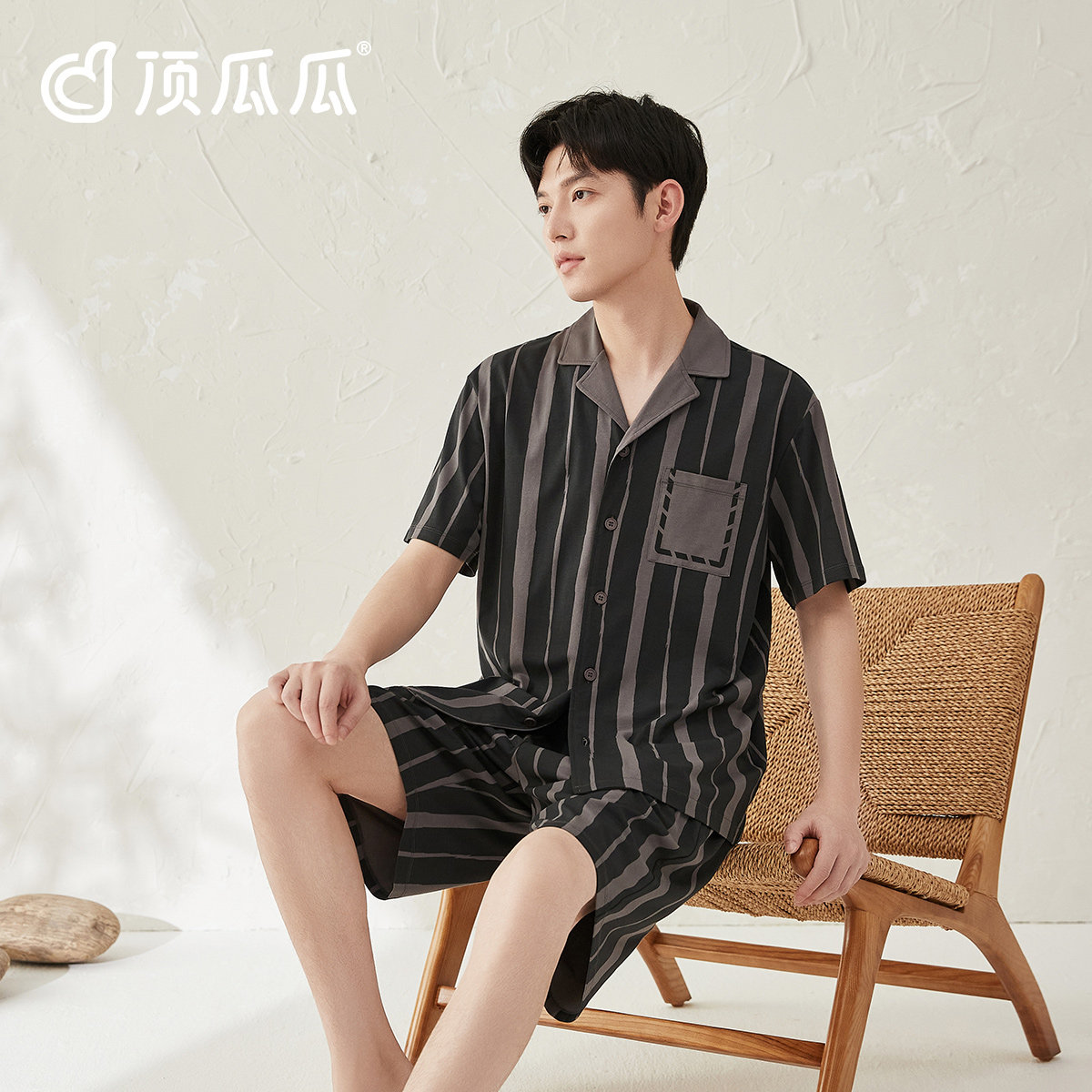 顶瓜瓜睡衣男款纯棉春夏季短袖短裤翻领印花家居服套装男士可外穿