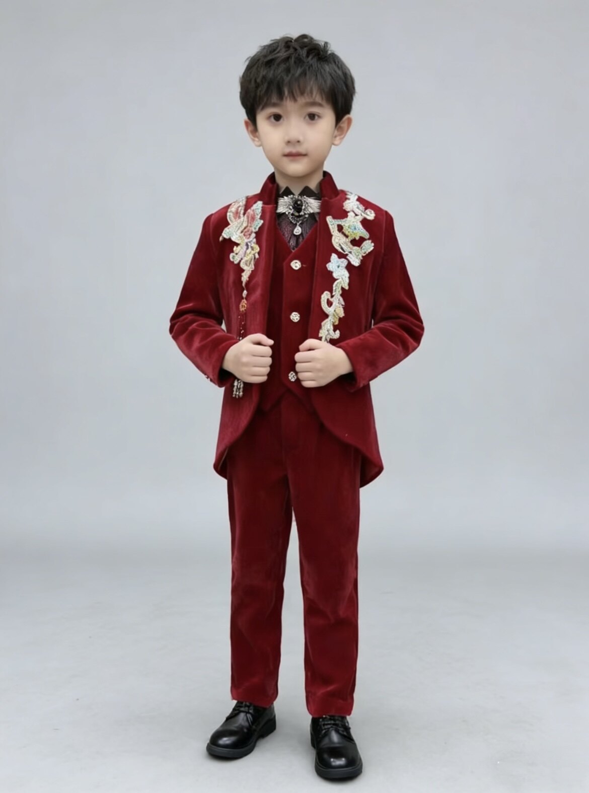 租男童高端红色绒面国风走秀礼服大气主持人钢琴晋级赛演出服图片