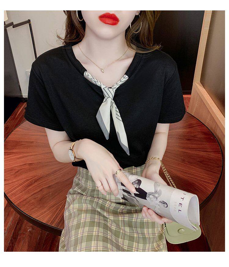小香风正肩短袖女夏条纹领结丝带设计温柔纯棉t恤百搭圆领上衣ins