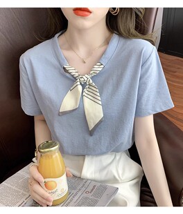 小香风正肩短袖女夏条纹领结丝带设计温柔纯棉t恤百搭圆领上衣ins