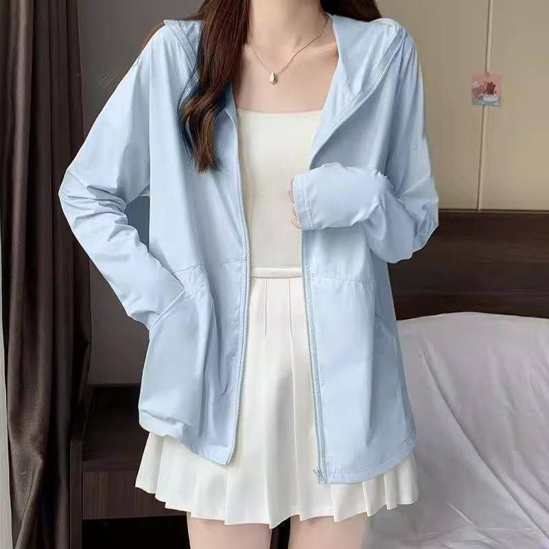 纯色拉链防晒服女款上衣2026夏季新款宽松轻薄连帽防晒衣开衫外套