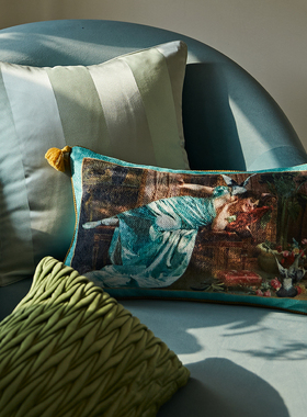 偏爱集美式法式欧式复古中古风抱枕腰枕夏凉青绿色面料立体绣花靠