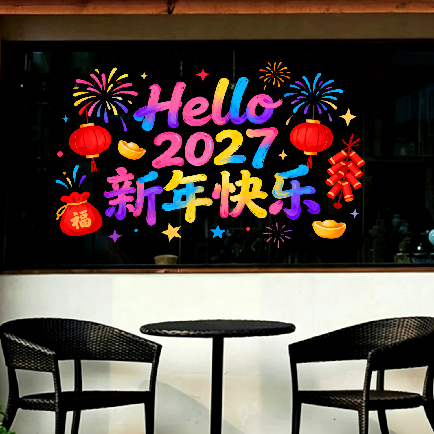 新年玻璃门贴门店商场门店炫彩字体新年氛围橱窗装饰静电玻璃贴画