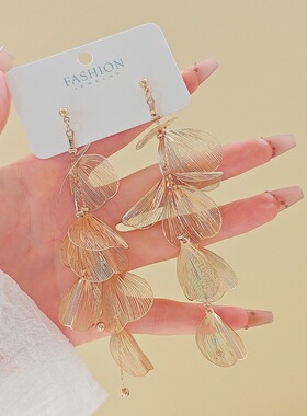 银杏叶子花朵耳钉金属质感线条夸张甜酷ins风金色银色流苏耳饰
