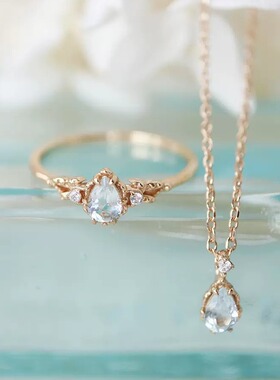 日本nojess同款天然海蓝宝石同款 水滴戒指项链耳钉套装轻奢饰品