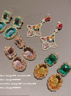 璀璨托帕水蓝宝石耳坠 设计师镀18k金几何鹅黄彩虹旦形锆石