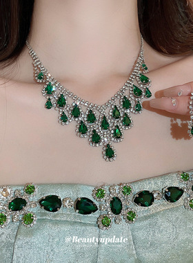 镶钻水滴流苏项链套装欧美高级感重工锁骨链复古百搭礼服项饰