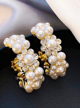 s925银针韩国百搭气质珍珠圆圈网红气质个性夸张耳钉耳饰女