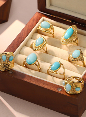 复古椭圆蓝石钛钢不褪色女戒