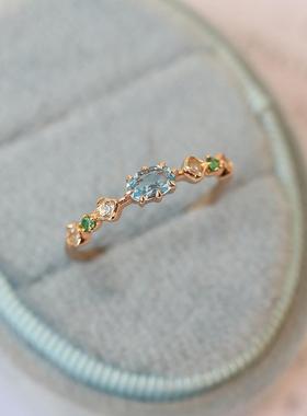 饰防天然蓝托帕石戒指女彩色宝石镀金清新阿卡朵同款气质闭口指环