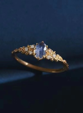 新品日系镶天然堇青石拉长石镂空指环女幸福橄榄树叶紫钻锆石戒指