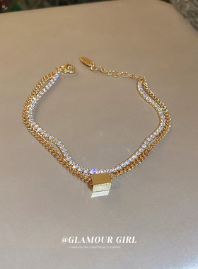 真金电镀方块锆石双层手链轻奢高级感设计手环日韩ins情侣手饰女