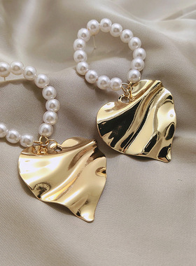 s925银针韩国感珍珠爱心夸张大耳环气质网红个性大耳钉耳环