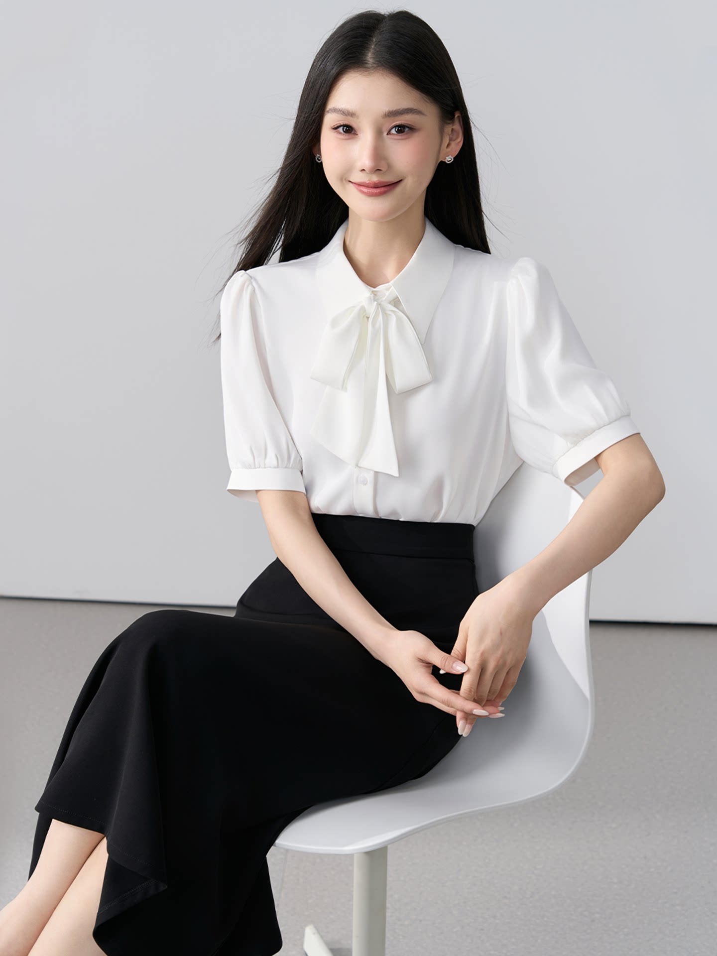 伯德小姐白色短袖衬衫女夏公考面试气质雪纺上衣正装面试职业衬衣