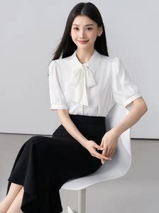 伯德小姐白色短袖衬衫女夏公考面试气质雪纺上衣正装面试职业衬衣