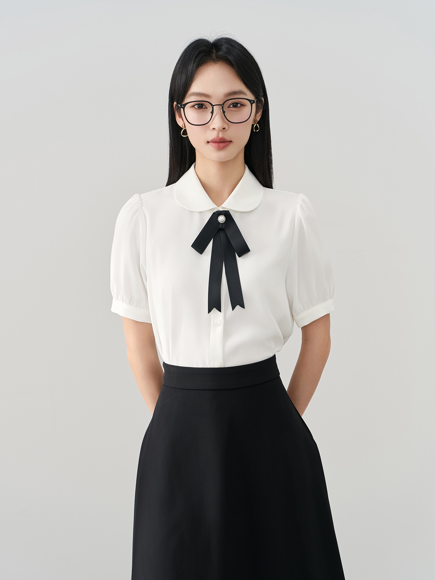 伯德小姐白色领结衬衫女夏教资面试西装内搭上衣正装职业短袖衬衣