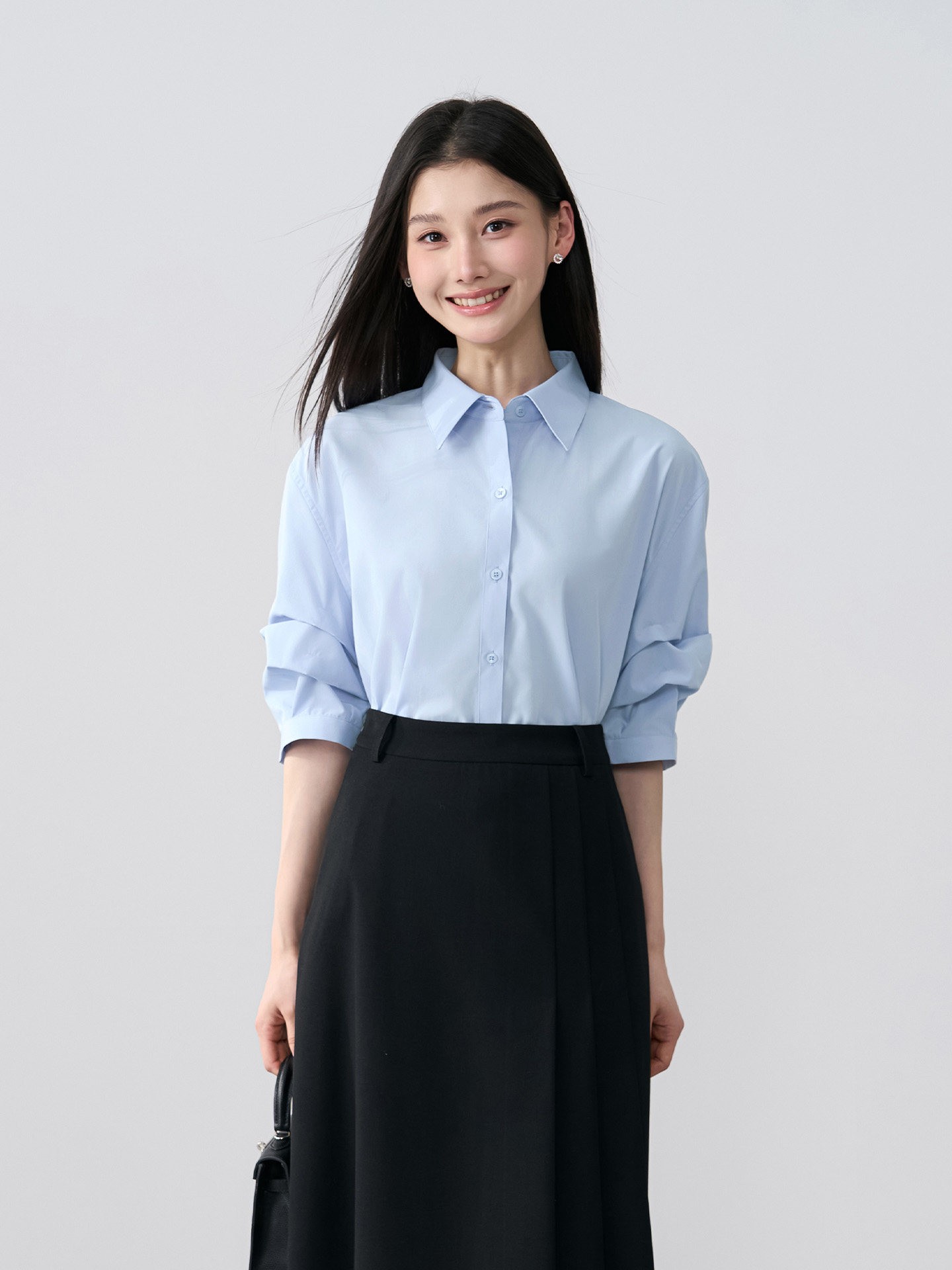 伯德小姐蓝色短袖衬衫女士夏季律师面试正装衬衣职业通勤穿搭上衣