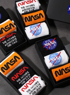 袜子男女中筒ins潮流字母NASA黑色白色个性街头嘻哈纯棉高帮长袜