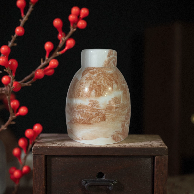 中式复古矾红盖置铁观音茶叶罐子