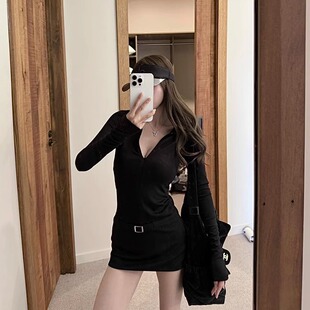 深V长袖 性感包臀裙女特工polo领 时髦辣妹修身 包臀连衣裙 现货