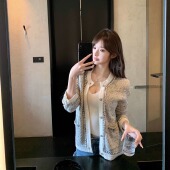 外套上衣针织衫 「银霜」 银灰色混织绵羊毛小香镶边百搭针织开衫