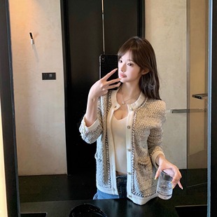 外套上衣针织衫 「银霜」 银灰色混织绵羊毛小香镶边百搭针织开衫