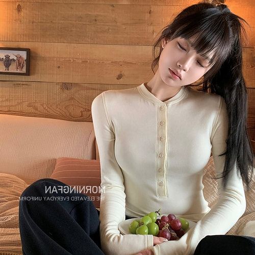 「sk1ms私服 你有点太绝」磨毛修身圆领短袖+排扣长袖T恤上衣女装