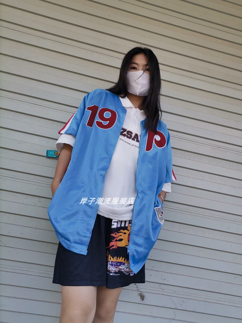 아메리칸 하이 스트리트 브이넥 힙합 저지 반팔 야구 유니폼 가디건 레트로 트렌디 브랜드 오버사이즈 대형 재킷