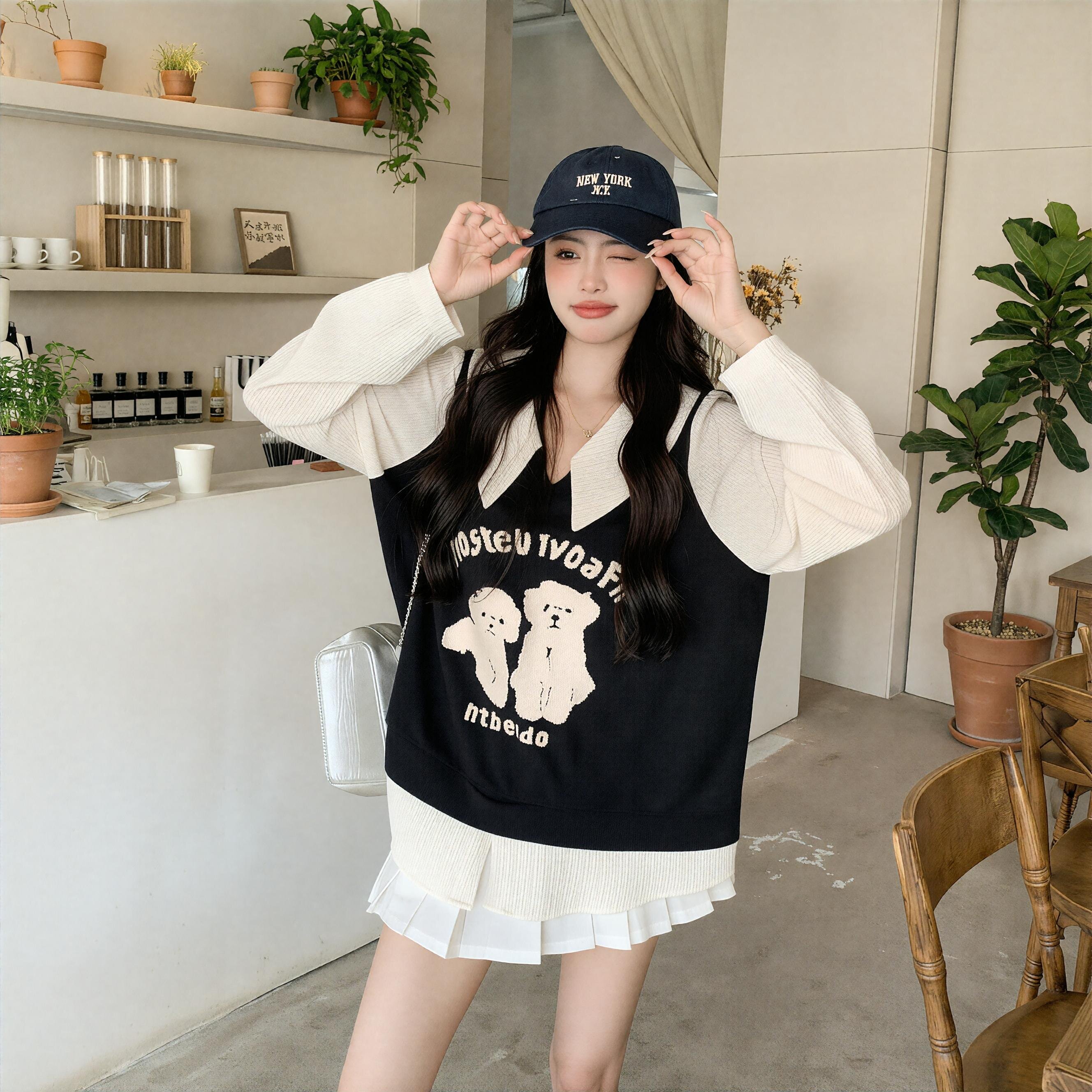 大码女装2026春秋假两件印花衬衫新款上衣胖mm减龄风针织韩版